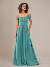 Aqua Blue A Line Off The Shoulder Sleeveless Floor Length Chiffon Bridesmaid Dress