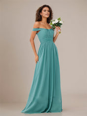 Aqua Blue A Line Off The Shoulder Sleeveless Floor Length Chiffon Bridesmaid Dress