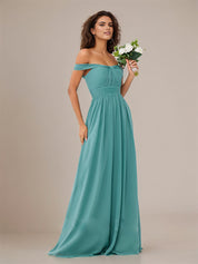 Aqua Blue A Line Off The Shoulder Sleeveless Floor Length Chiffon Bridesmaid Dress