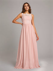 Pearl Pink Chiffon A-Line Square Neck Floor-Length Sleeveless Bridesmaid Dress With Appliques