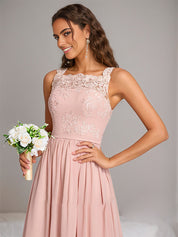 Pearl Pink Chiffon A-Line Square Neck Floor-Length Sleeveless Bridesmaid Dress With Appliques