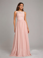 Pearl Pink Chiffon A-Line Square Neck Floor-Length Sleeveless Bridesmaid Dress With Appliques