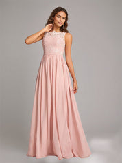 Pearl Pink Chiffon A-Line Square Neck Floor-Length Sleeveless Bridesmaid Dress With Appliques