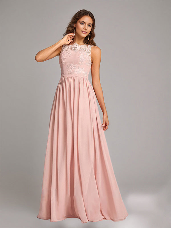 Pearl Pink Chiffon A-Line Square Neck Floor-Length Sleeveless Bridesmaid Dress With Appliques