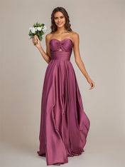 Orchid Satin A Line Sweetheart Floor-Length Sleeveless Bridesmaid Dress