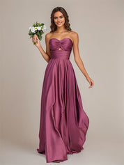 Orchid Satin A Line Sweetheart Floor-Length Sleeveless Bridesmaid Dress