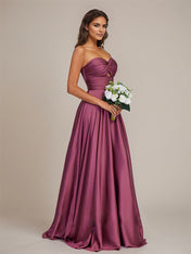 Orchid Satin A Line Sweetheart Floor-Length Sleeveless Bridesmaid Dress