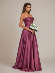 Orchid Satin A Line Sweetheart Floor-Length Sleeveless Bridesmaid Dress