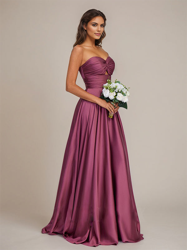 Orchid Satin A Line Sweetheart Floor-Length Sleeveless Bridesmaid Dress