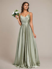 Dusty Sage Satin A Line Spaghetti Straps Floor-Length Sleeveless Bridesmaid Dress