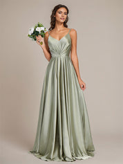 Dusty Sage Satin A Line Spaghetti Straps Floor-Length Sleeveless Bridesmaid Dress