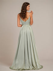 Dusty Sage Satin A Line Spaghetti Straps Floor-Length Sleeveless Bridesmaid Dress