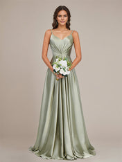 Dusty Sage Satin A Line Spaghetti Straps Floor-Length Sleeveless Bridesmaid Dress