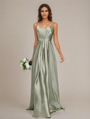 Dusty Sage Satin A Line Spaghetti Straps Floor-Length Sleeveless Bridesmaid Dress