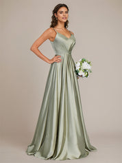 Dusty Sage Satin A Line Spaghetti Straps Floor-Length Sleeveless Bridesmaid Dress