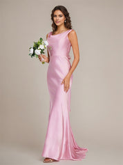 Candy Pink Satin Sheath/Column Boat Neck Floor-Length Sleeveless Bridesmaid Dress With Bow