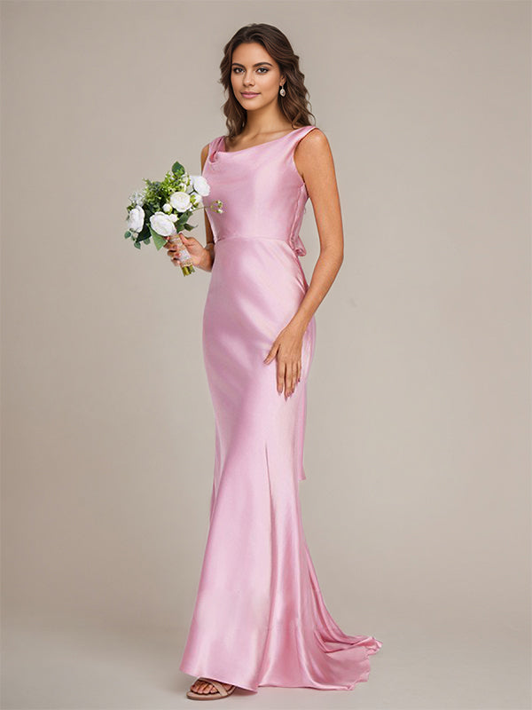 Candy Pink Satin Sheath/Column Boat Neck Floor-Length Sleeveless Bridesmaid Dress With Bow