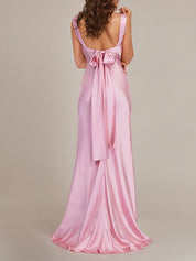 Candy Pink Satin Sheath/Column Boat Neck Floor-Length Sleeveless Bridesmaid Dress With Bow