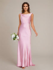 Candy Pink Satin Sheath/Column Boat Neck Floor-Length Sleeveless Bridesmaid Dress With Bow