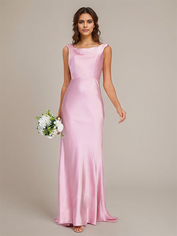 Candy Pink Satin Sheath/Column Boat Neck Floor-Length Sleeveless Bridesmaid Dress With Bow