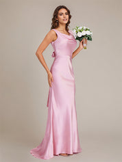 Candy Pink Satin Sheath/Column Boat Neck Floor-Length Sleeveless Bridesmaid Dress With Bow