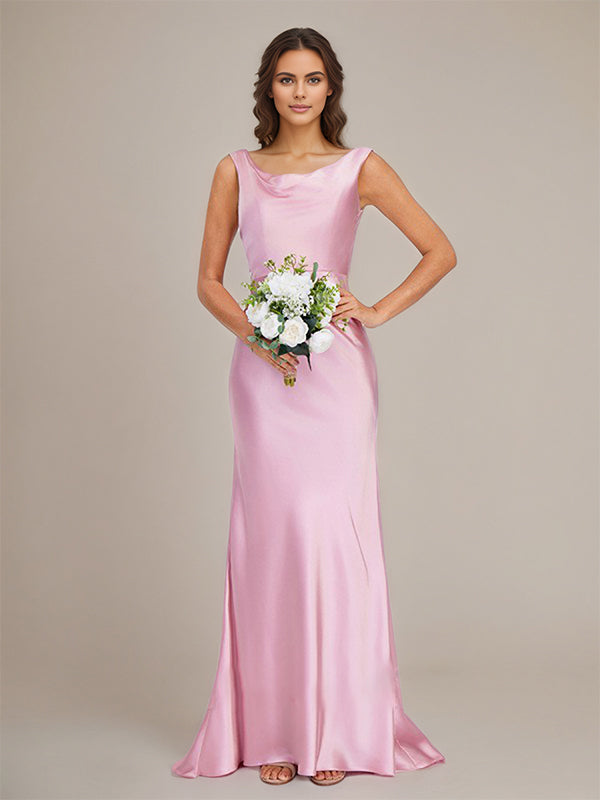 Candy Pink Satin Sheath/Column Boat Neck Floor-Length Sleeveless Bridesmaid Dress With Bow