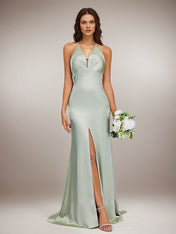 Agave Satin Sheath/Column V Neck Floor Length Sleeveless Bridesmaid Dress