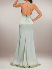 Agave Satin Sheath/Column V Neck Floor Length Sleeveless Bridesmaid Dress