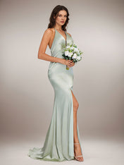 Agave Satin Sheath/Column V Neck Floor Length Sleeveless Bridesmaid Dress