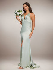 Agave Satin Sheath/Column V Neck Floor Length Sleeveless Bridesmaid Dress