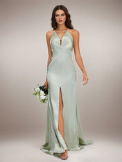 Agave Satin Sheath/Column V Neck Floor Length Sleeveless Bridesmaid Dress