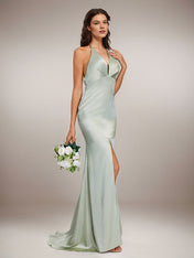 Agave Satin Sheath/Column V Neck Floor Length Sleeveless Bridesmaid Dress