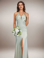 Agave Satin Sheath/Column V Neck Floor Length Sleeveless Bridesmaid Dress