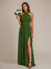 Olive Chiffon A Line Halter Neck Floor-Length Sleeveless Bridesmaid Dress With Ruffles