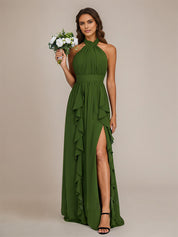 Olive Chiffon A Line Halter Neck Floor-Length Sleeveless Bridesmaid Dress With Ruffles