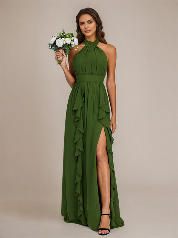 Olive Chiffon A Line Halter Neck Floor-Length Sleeveless Bridesmaid Dress With Ruffles