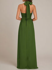 Olive Chiffon A Line Halter Neck Floor-Length Sleeveless Bridesmaid Dress With Ruffles