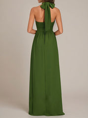Olive Chiffon A Line Halter Neck Floor-Length Sleeveless Bridesmaid Dress With Ruffles