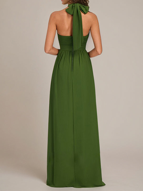 Olive Chiffon A Line Halter Neck Floor-Length Sleeveless Bridesmaid Dress With Ruffles