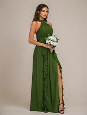 Olive Chiffon A Line Halter Neck Floor-Length Sleeveless Bridesmaid Dress With Ruffles
