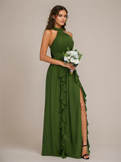 Olive Chiffon A Line Halter Neck Floor-Length Sleeveless Bridesmaid Dress With Ruffles