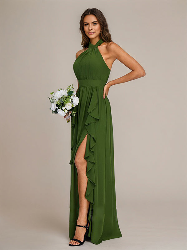 Olive Chiffon A Line Halter Neck Floor-Length Sleeveless Bridesmaid Dress With Ruffles