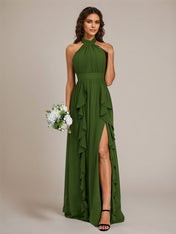 Olive Chiffon A Line Halter Neck Floor-Length Sleeveless Bridesmaid Dress With Ruffles