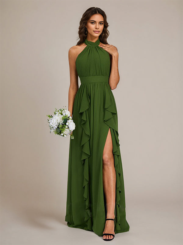 Olive Chiffon A Line Halter Neck Floor-Length Sleeveless Bridesmaid Dress With Ruffles