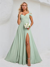 Dusty Sage A Line Chiffon V Neck Sleeveless Floor Length Bridesmaid Dress