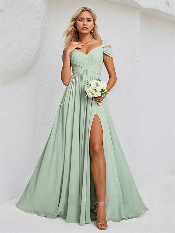Dusty Sage A Line Chiffon V Neck Sleeveless Floor Length Bridesmaid Dress