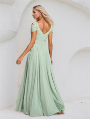Dusty Sage A Line Chiffon V Neck Sleeveless Floor Length Bridesmaid Dress