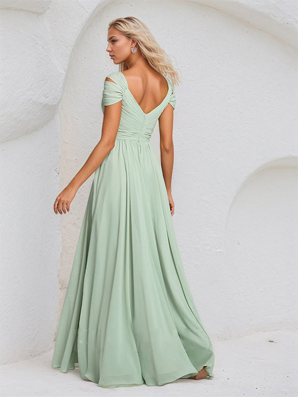 Dusty Sage A Line Chiffon V Neck Sleeveless Floor Length Bridesmaid Dress