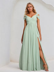 Dusty Sage A Line Chiffon V Neck Sleeveless Floor Length Bridesmaid Dress