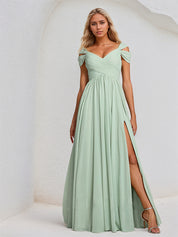 Dusty Sage A Line Chiffon V Neck Sleeveless Floor Length Bridesmaid Dress